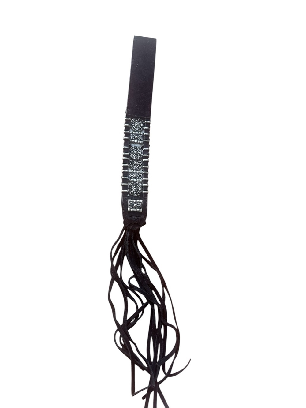 Vintage Chico's Black Leather Hippie  Fringe Belt with Silver Accents.